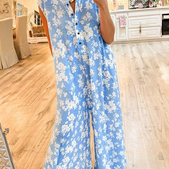 MODA ME COUTURE Pants - Blue Boho Women's Forget-Me-Not Print Wide Leg Sleeveless Jumpsuit